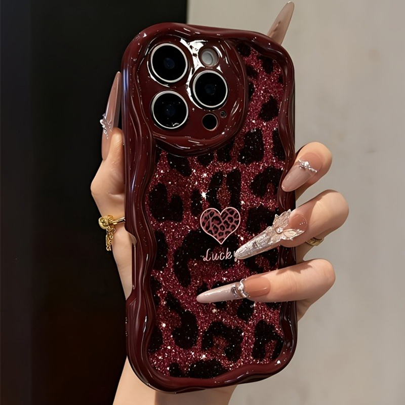 Phone Accessories Red - Şarap Kırmızısı Leopar Desenli Kalp Şekilli