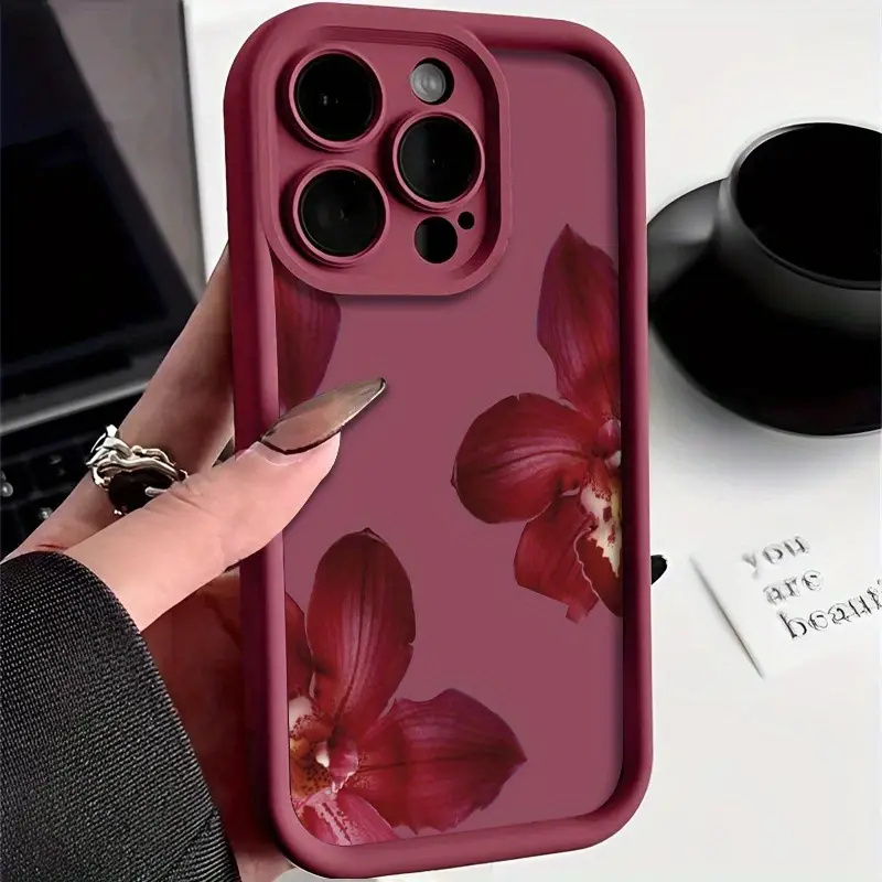 Phone Accessories Red - Şarap Kırmızısı Orkide Çiçeği Desenli Telefon